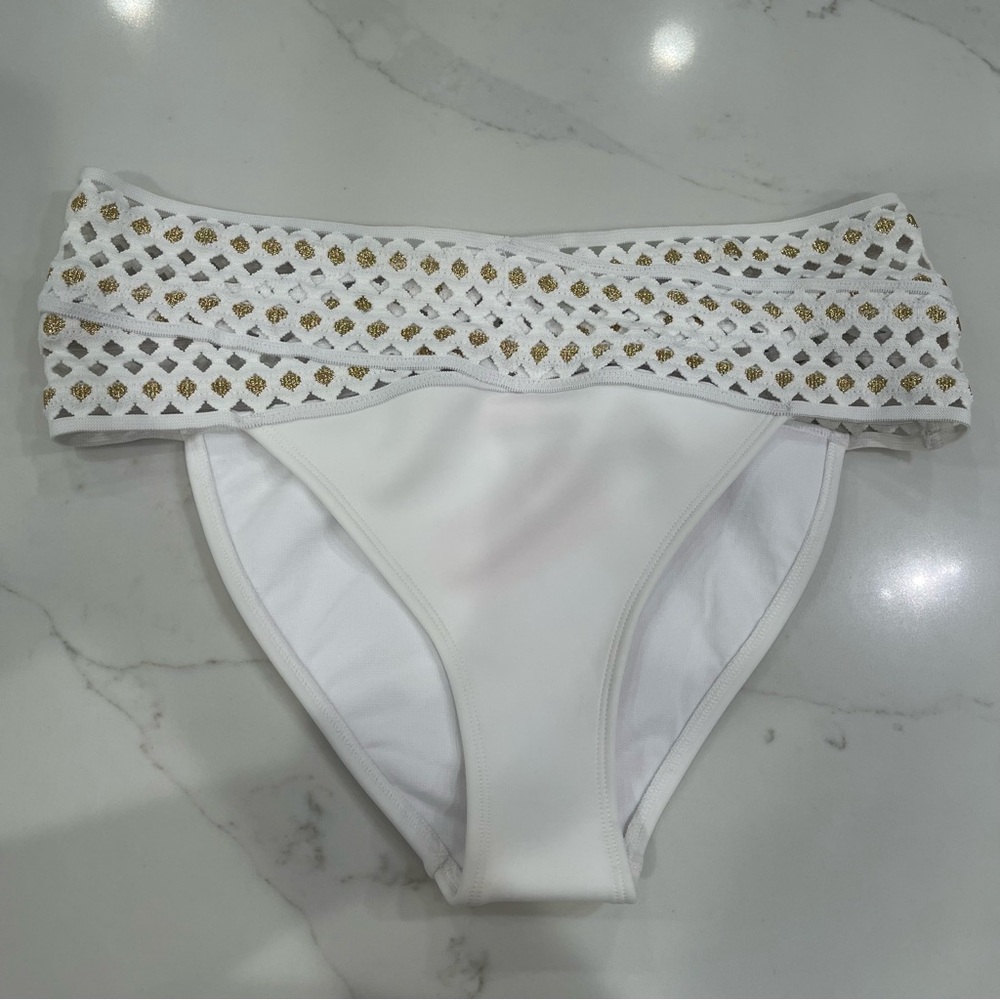 NWT RU Resort White Cut Out Bikini Bottom with Gold Accents - Picture 5 of 15